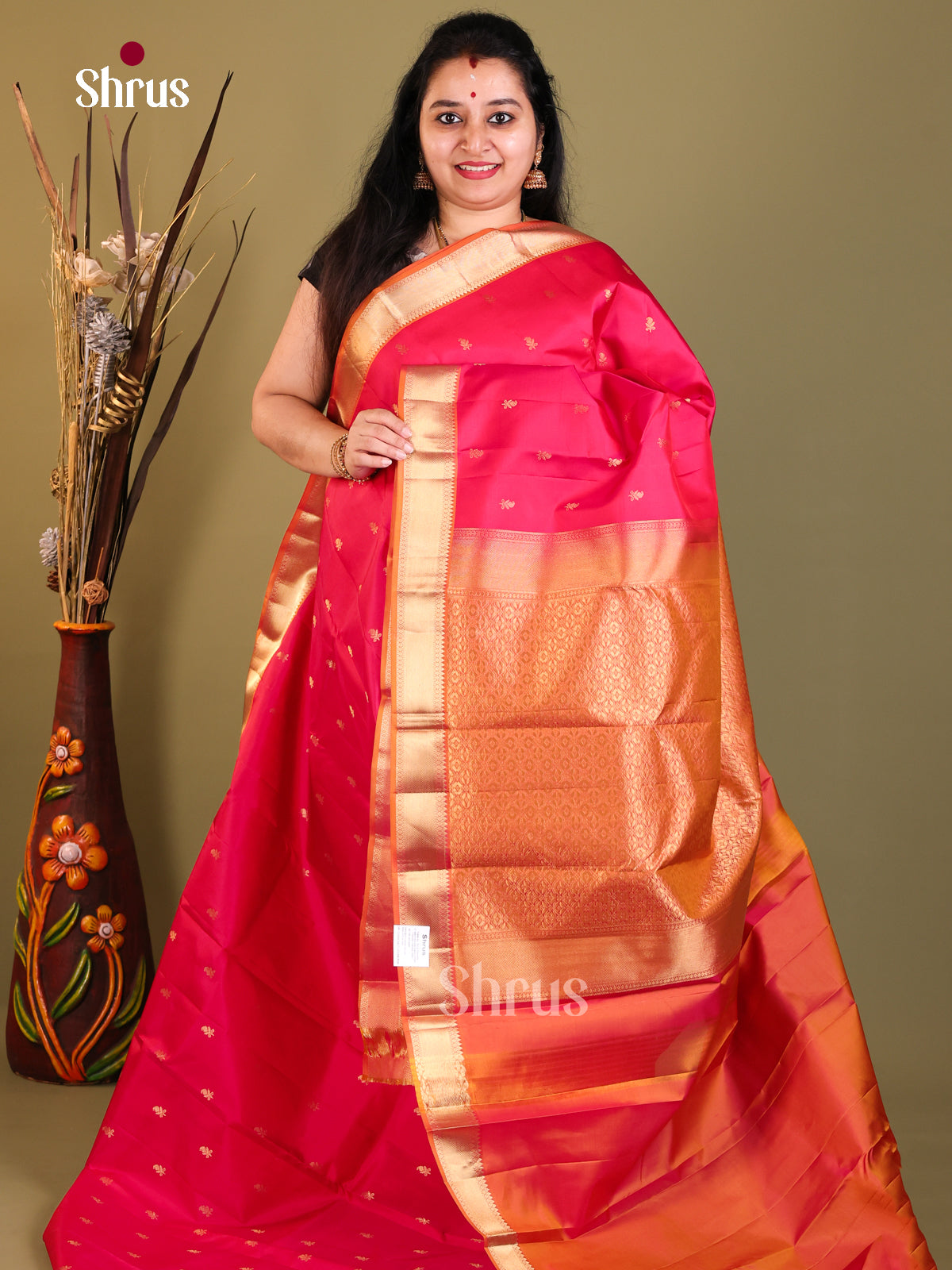 red orange gold Kanchipuram Butta design Saree