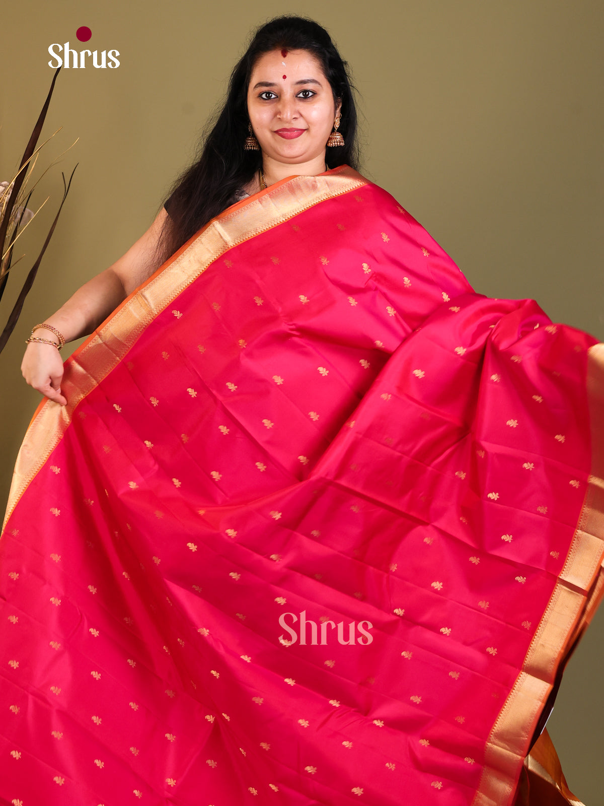 red orange gold Kanchipuram Butta design Saree -1
