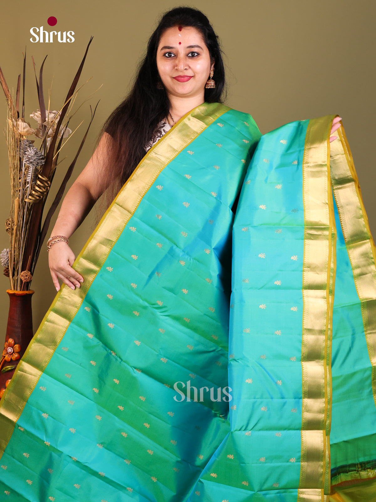 Blue and yellow Kanchipuram Butta design Saree -1