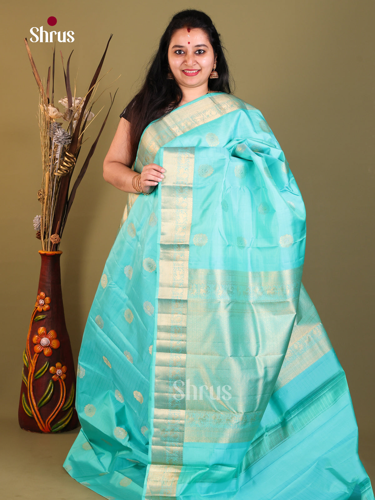 ice blue Kanchipuram Butta design Saree