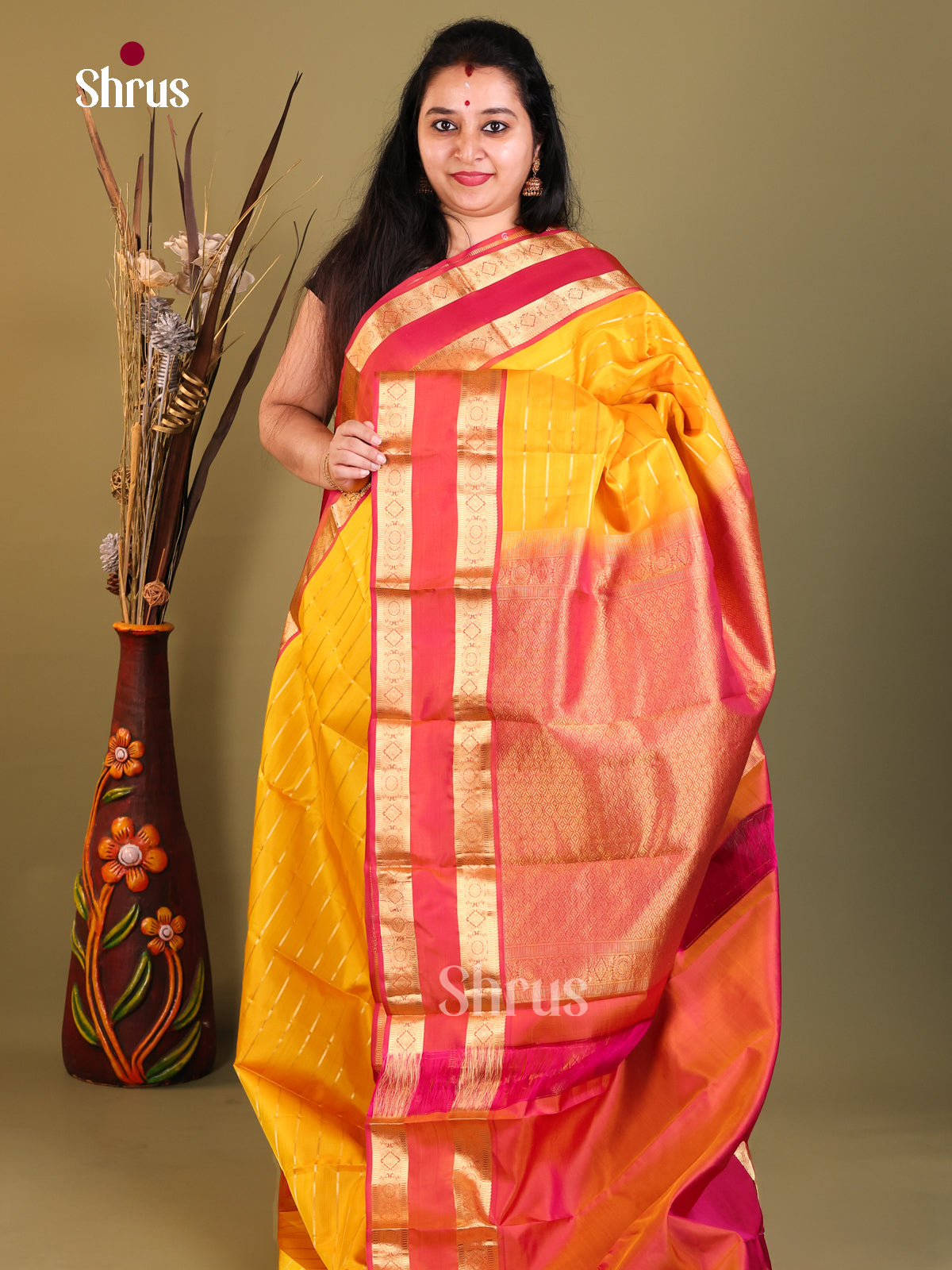 yellow red Kanchipuram silk Saree