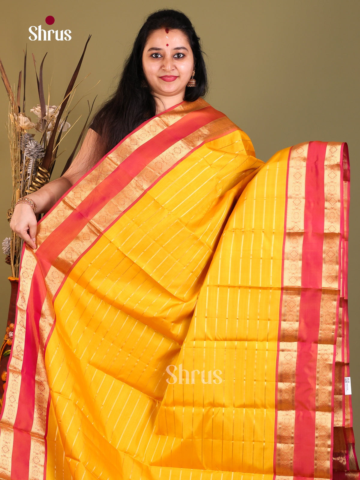 yellow red Kanchipuram silk Saree -1