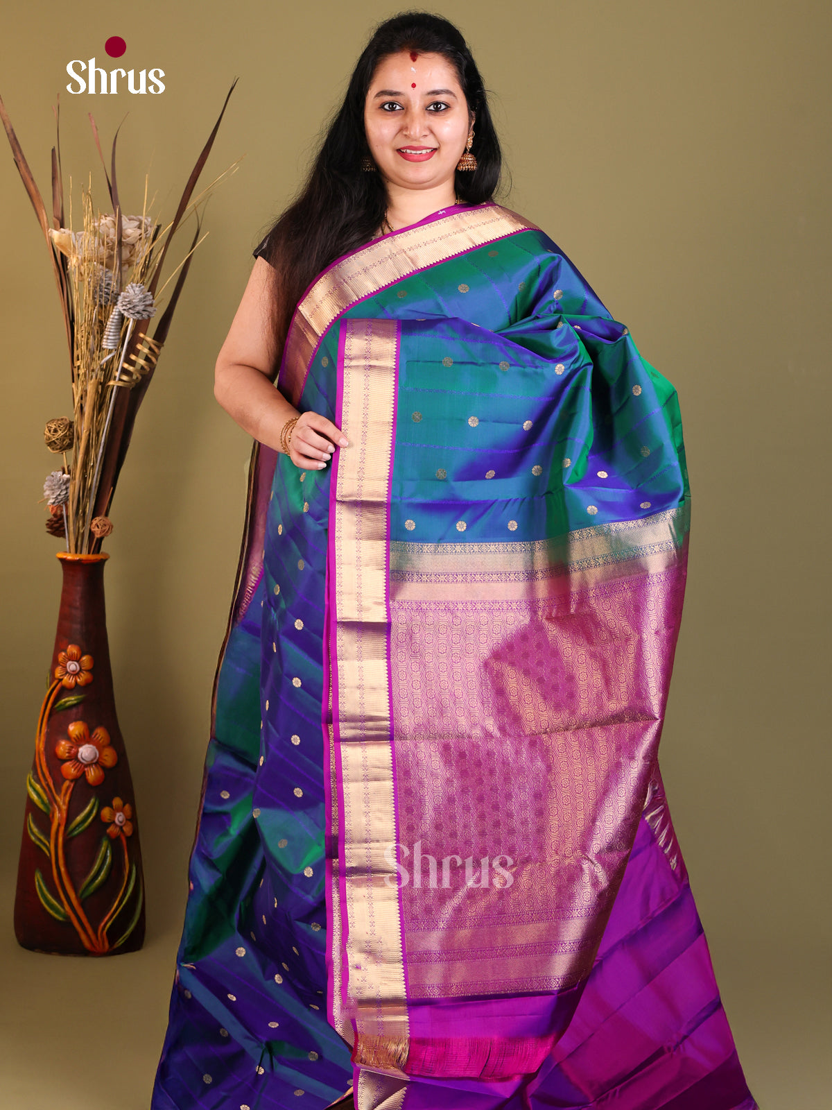Blue and purple Kanchipuram silk Saree