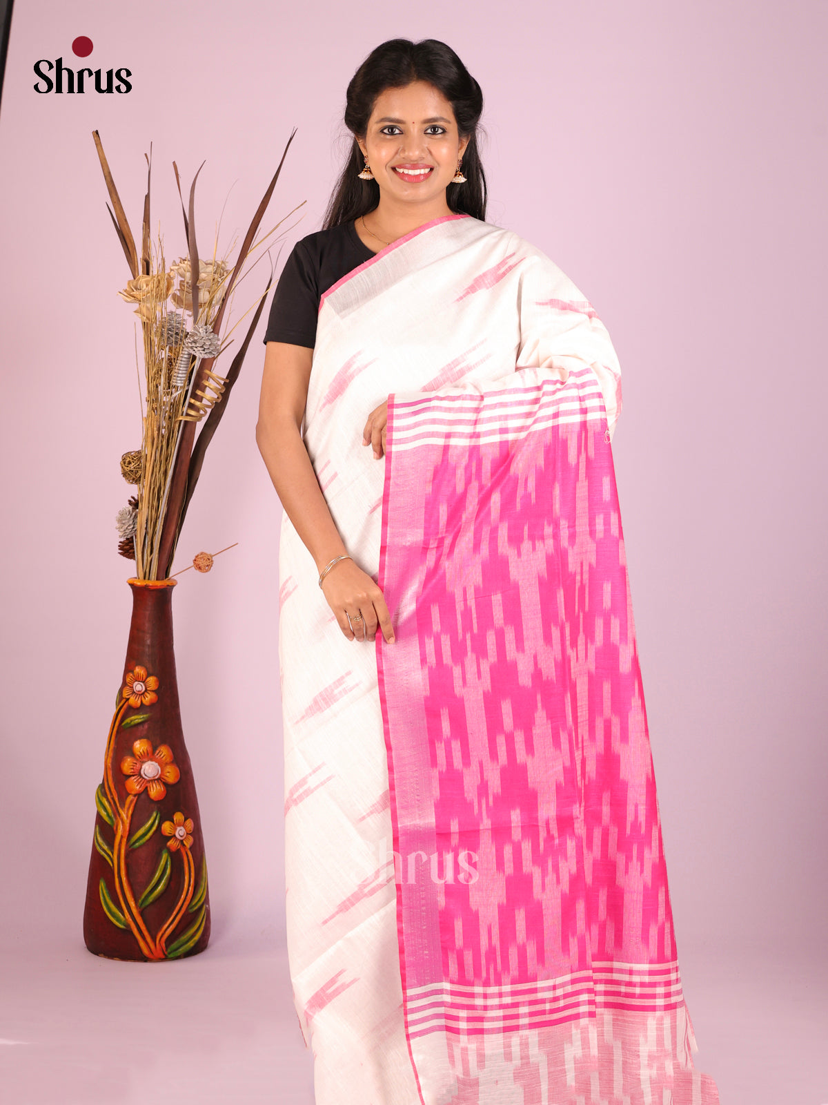 White & Pink- Semi Ikkat Saree