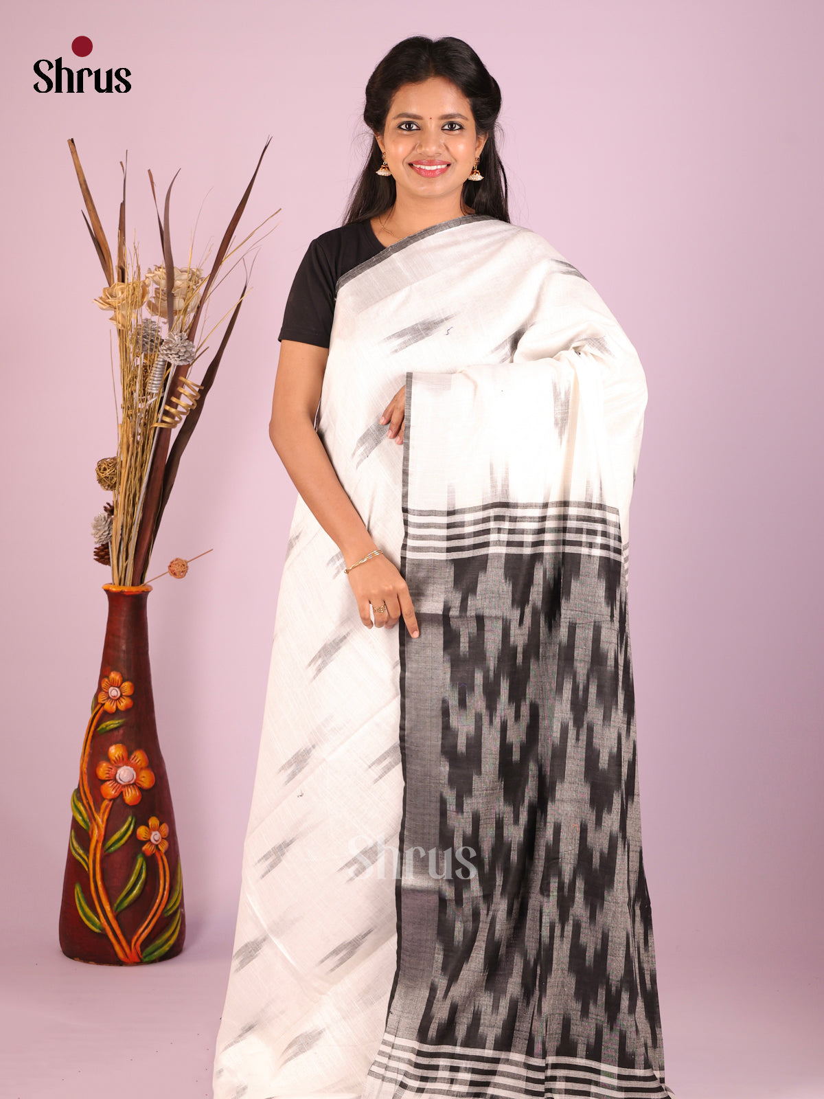 White & Grey - Semi Ikkat Saree