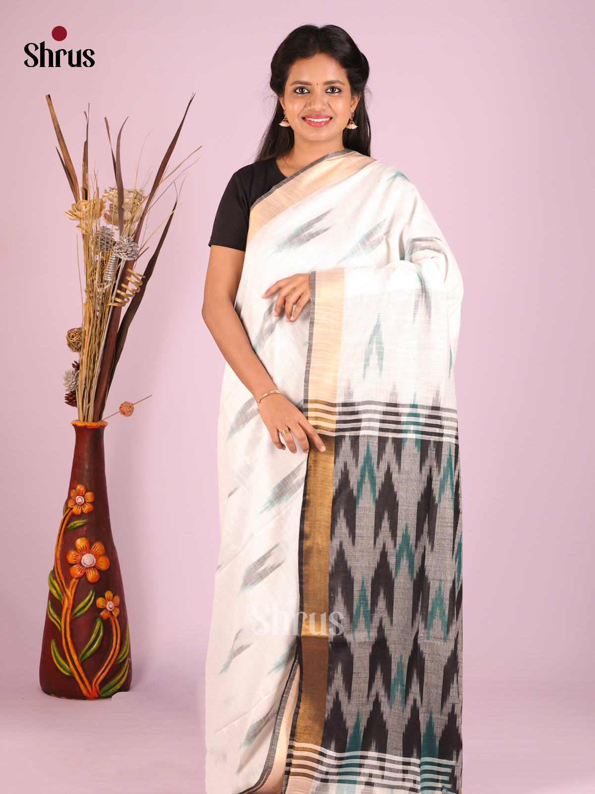 White & Grey - Semi Ikkat Saree