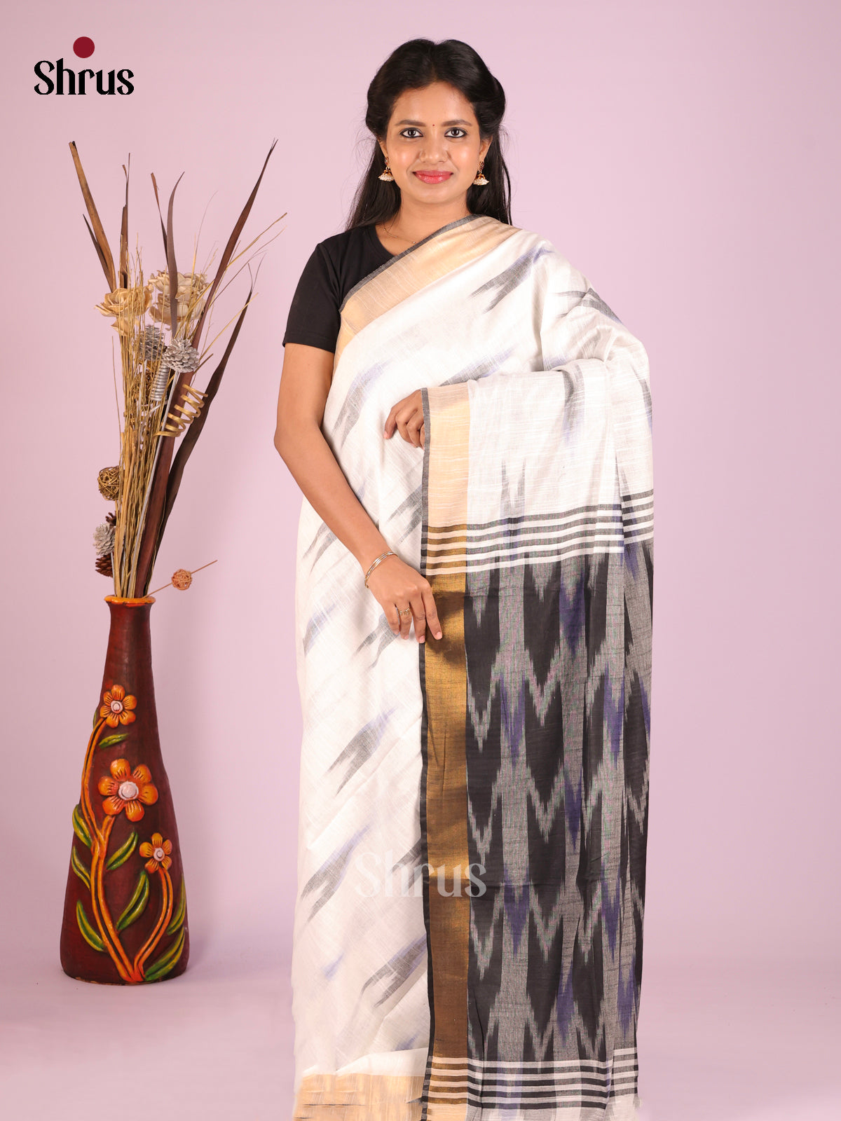 White & Grey - Semi Ikkat Saree