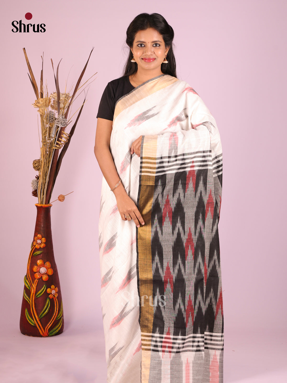 Cream & Grey - Semi Ikkat Saree