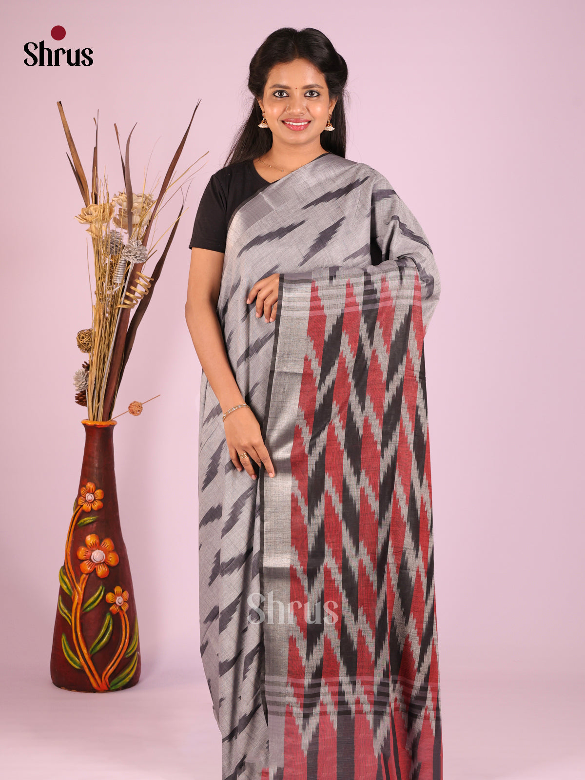 Grey & Black - Semi Ikkat Saree