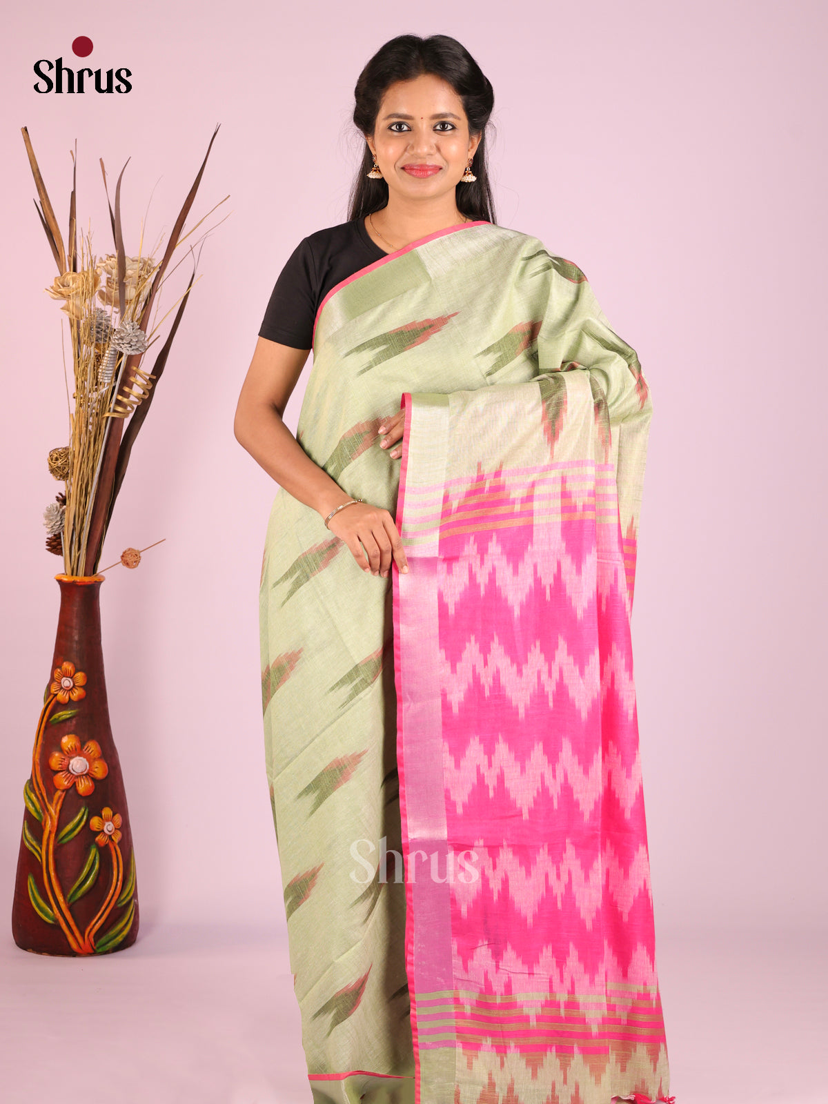 Pista Green & Pink - Semi Ikkat Saree