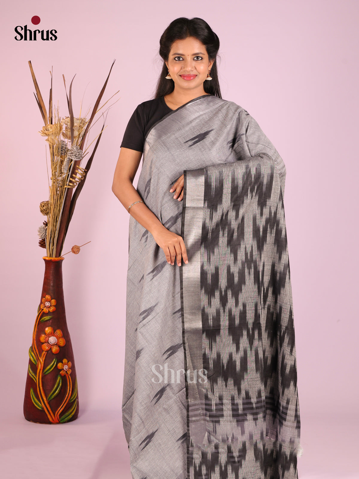 Grey & Black - Semi Ikkat Saree