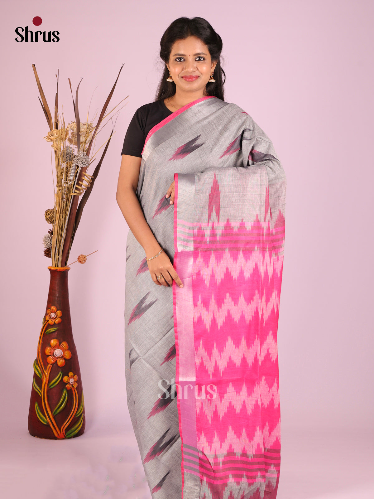 Grey & Pink - Semi Ikkat Saree