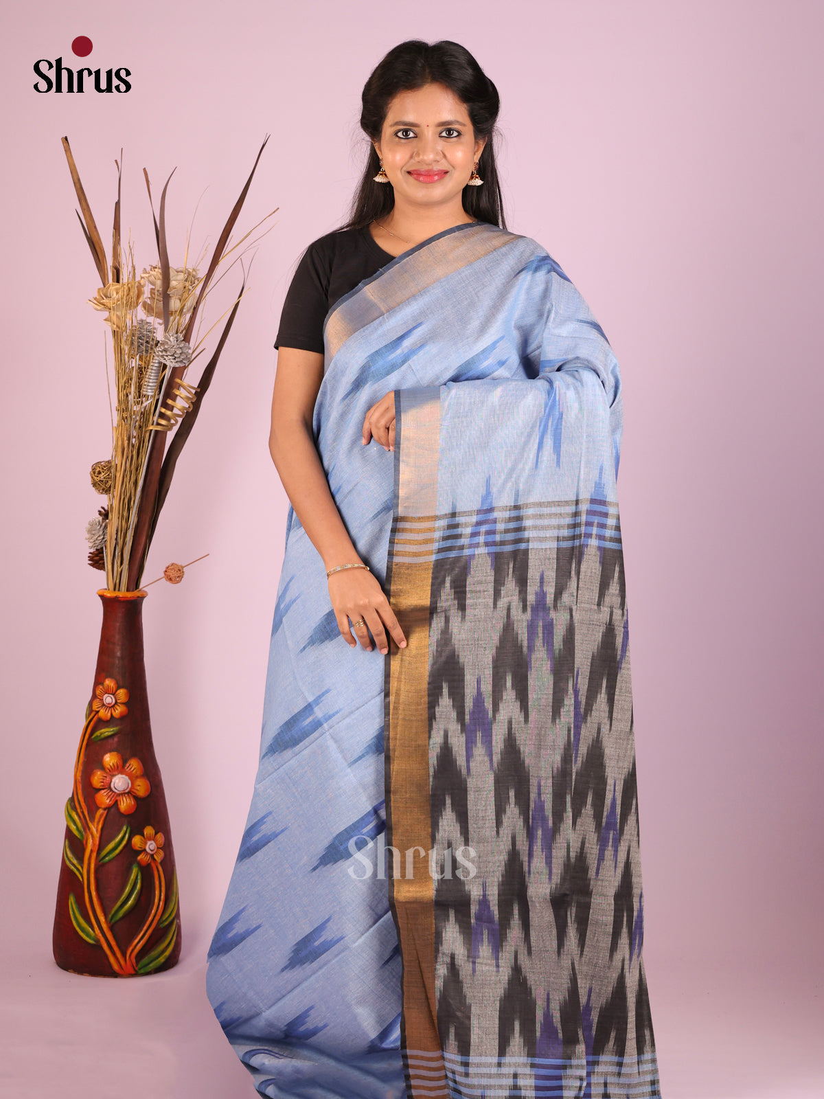 Blue & Grey - Semi Ikkat Saree