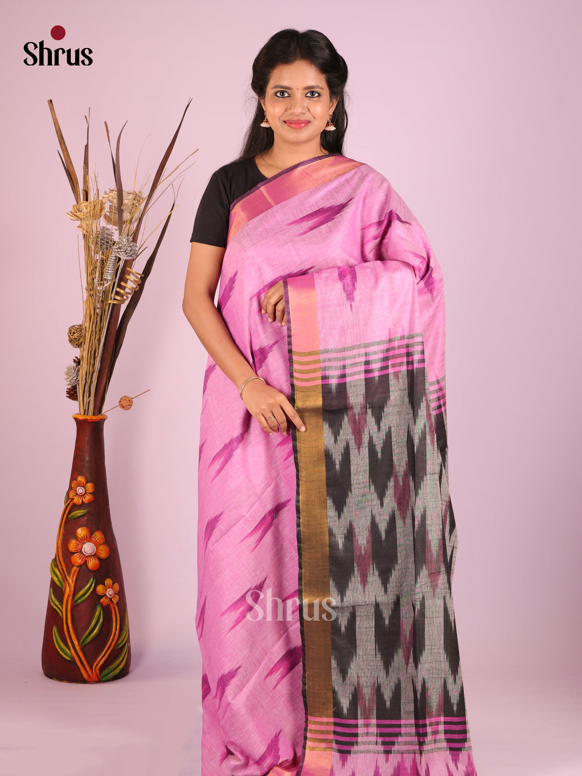 Pink & Grey- Semi Ikkat Saree
