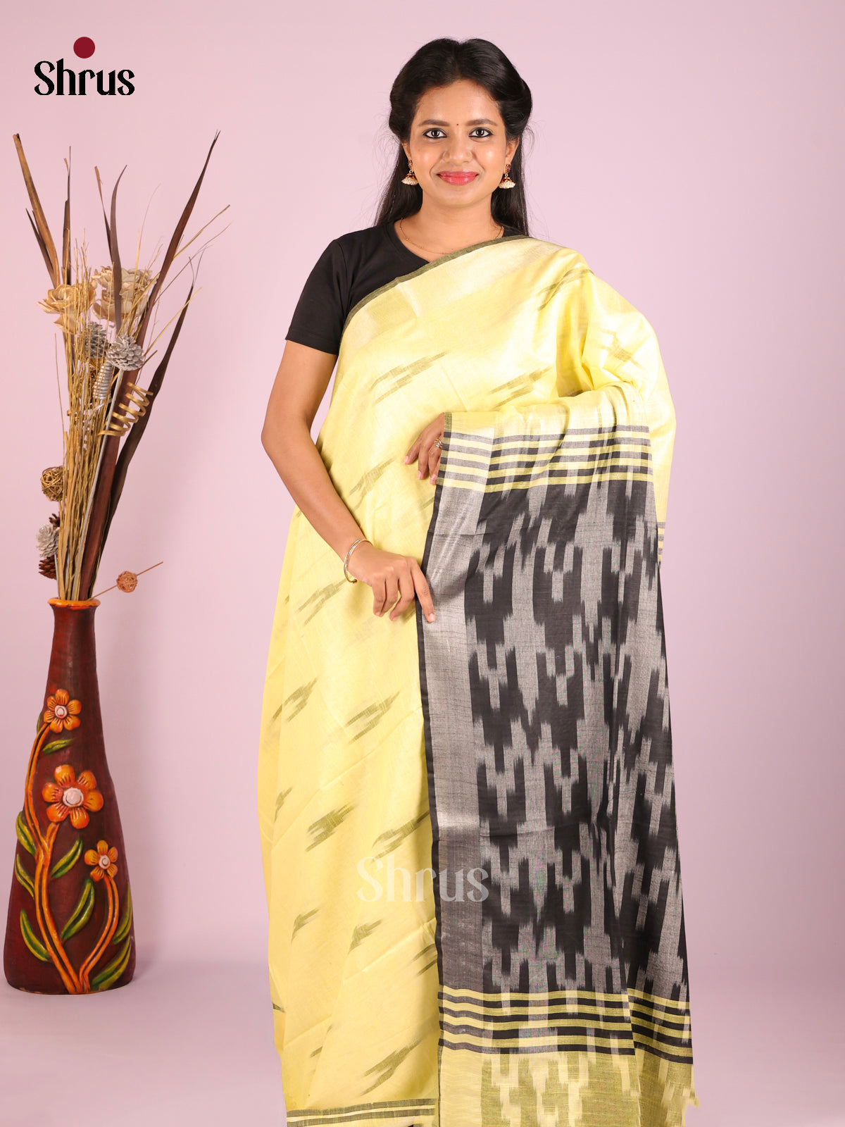 Yellow & Grey- Semi Ikkat Saree