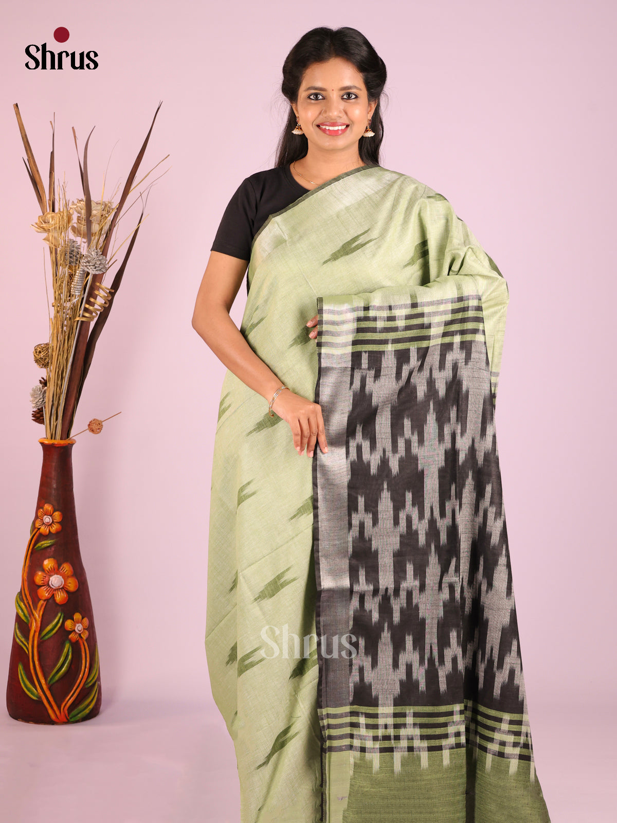 Green & Grey - Semi Ikkat Saree
