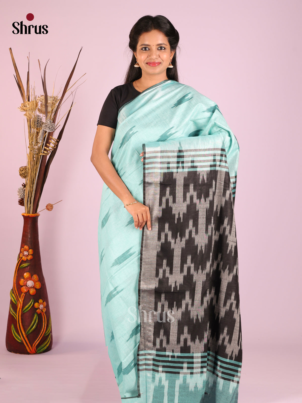 Pastel Blue & Grey - Semi Ikkat Saree