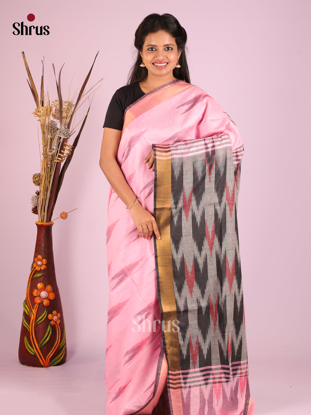Pink & Grey - Semi Ikkat Saree