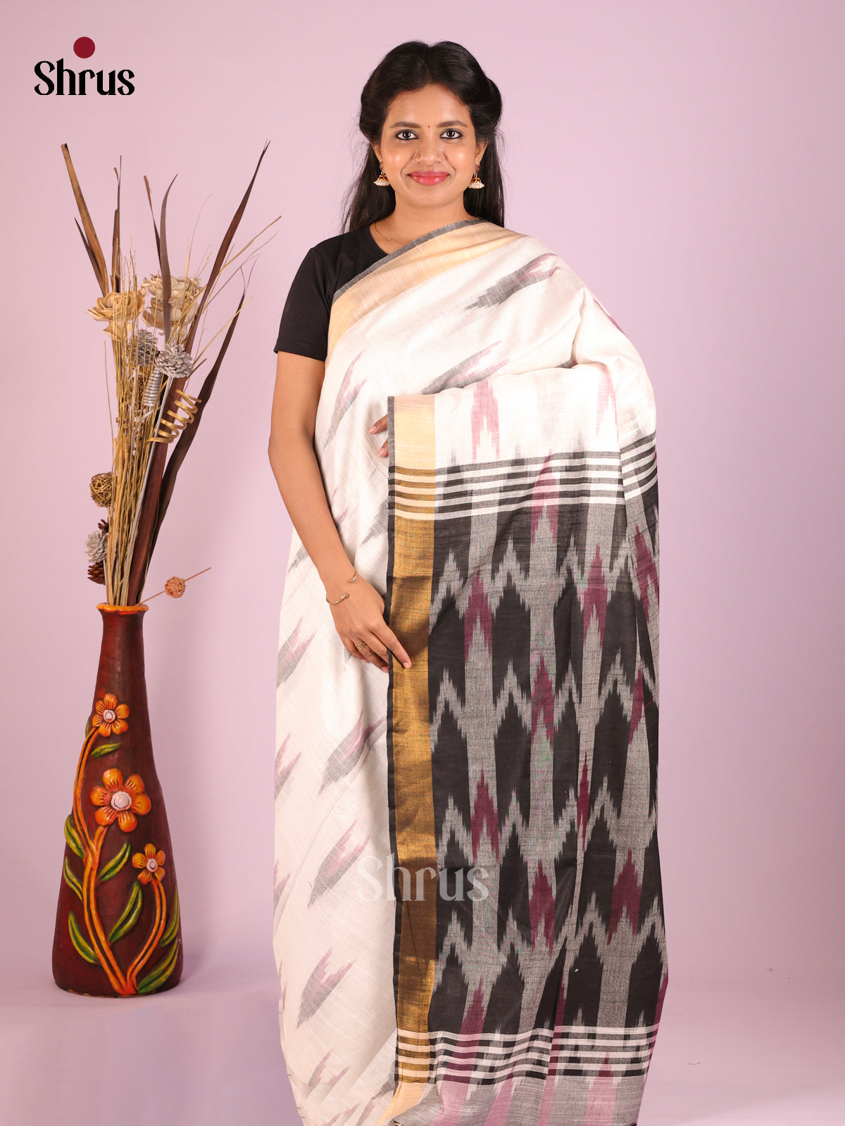 White & Grey - Semi Ikkat Saree