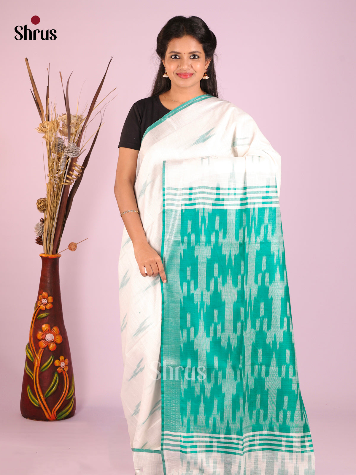 Cream & Green - Semi Ikkat Saree