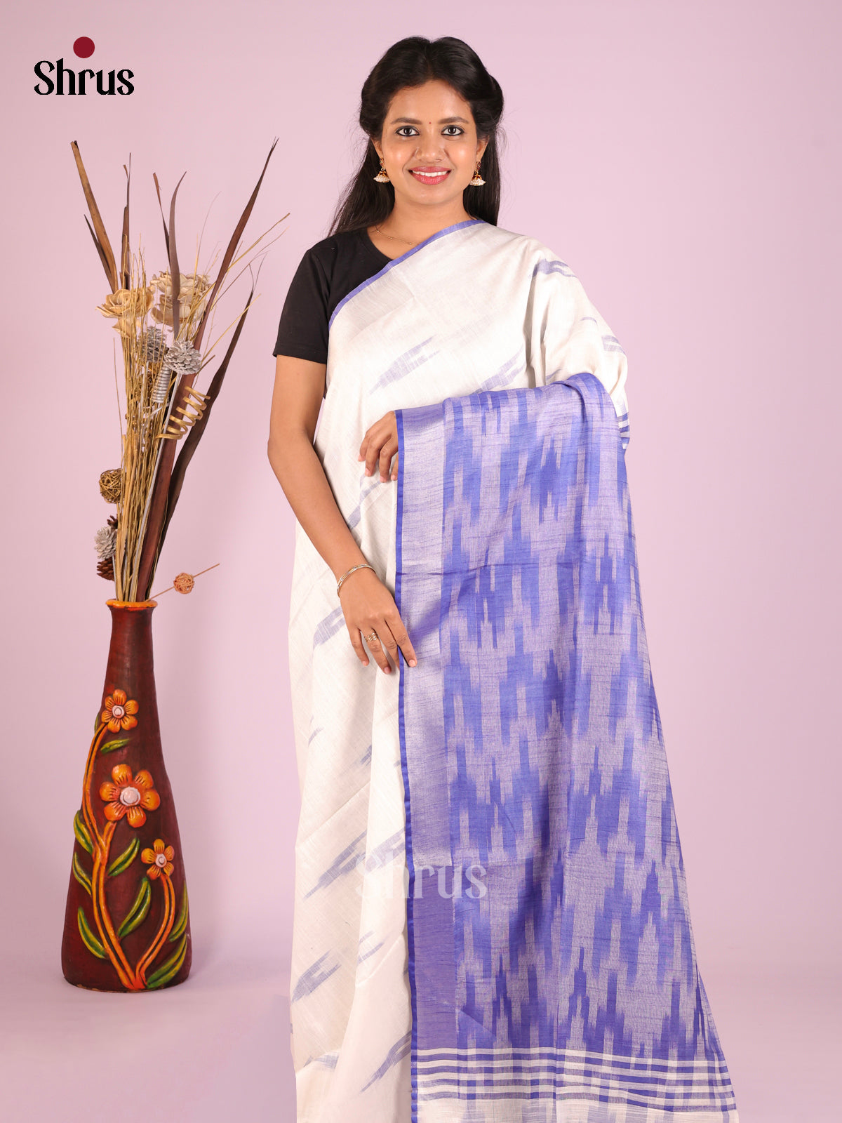 White & Purple - Semi Ikkat Saree