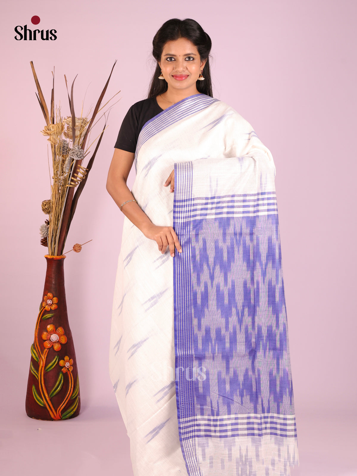 White & Purple - Semi Ikkat Saree