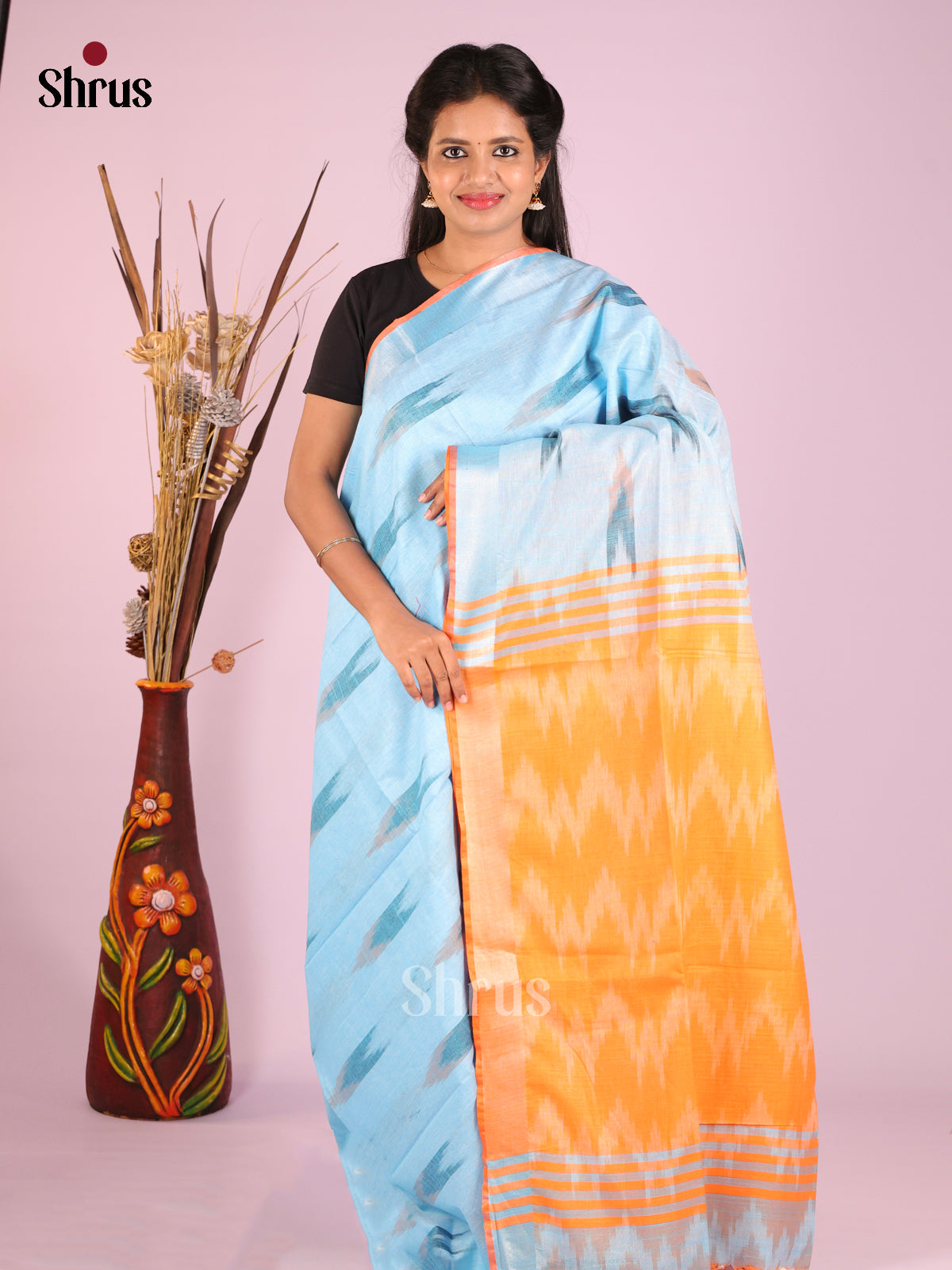 Blue & Orange - Semi Ikkat Saree