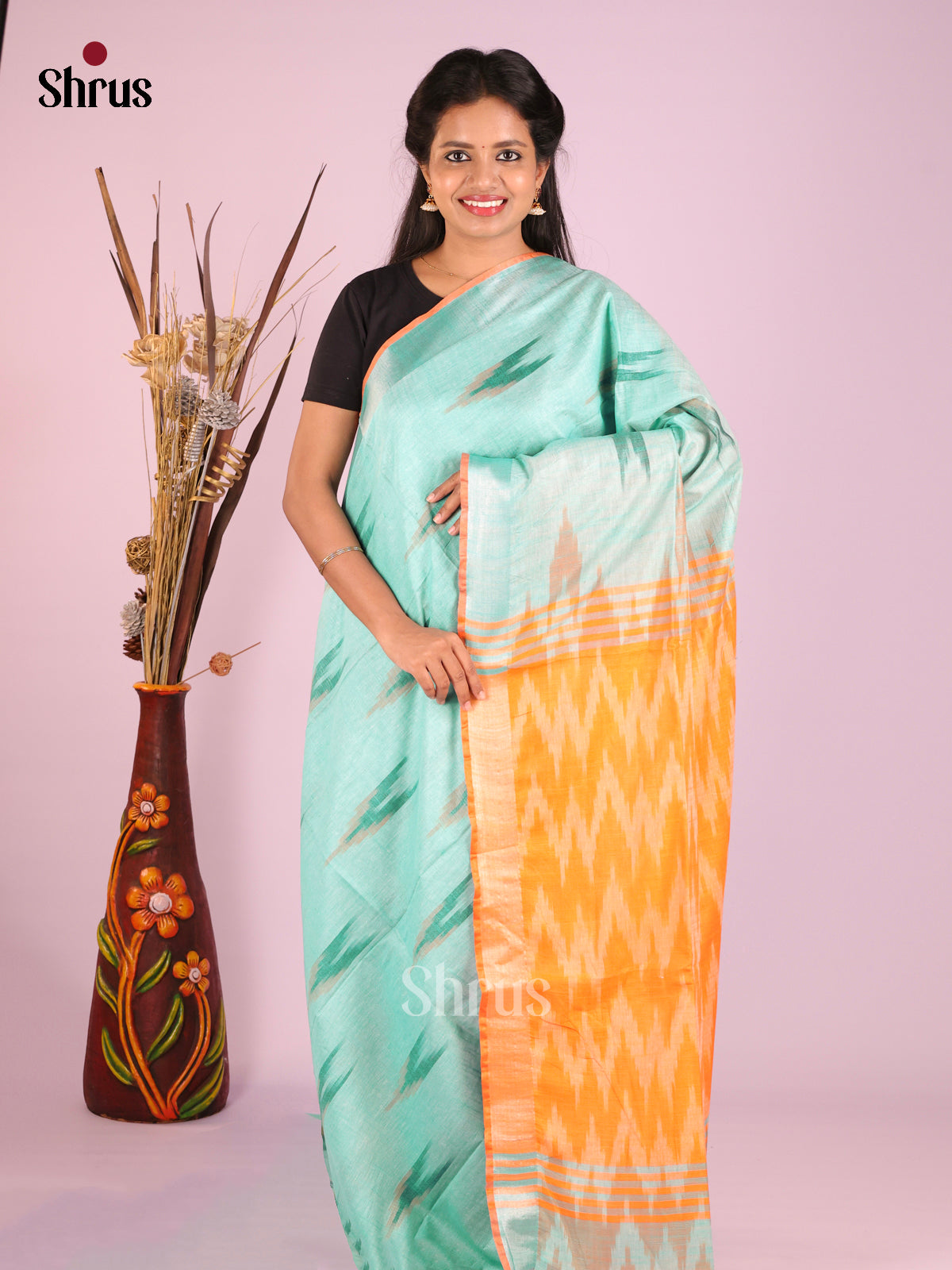Pastel Blue & Orange- Semi Ikkat Saree