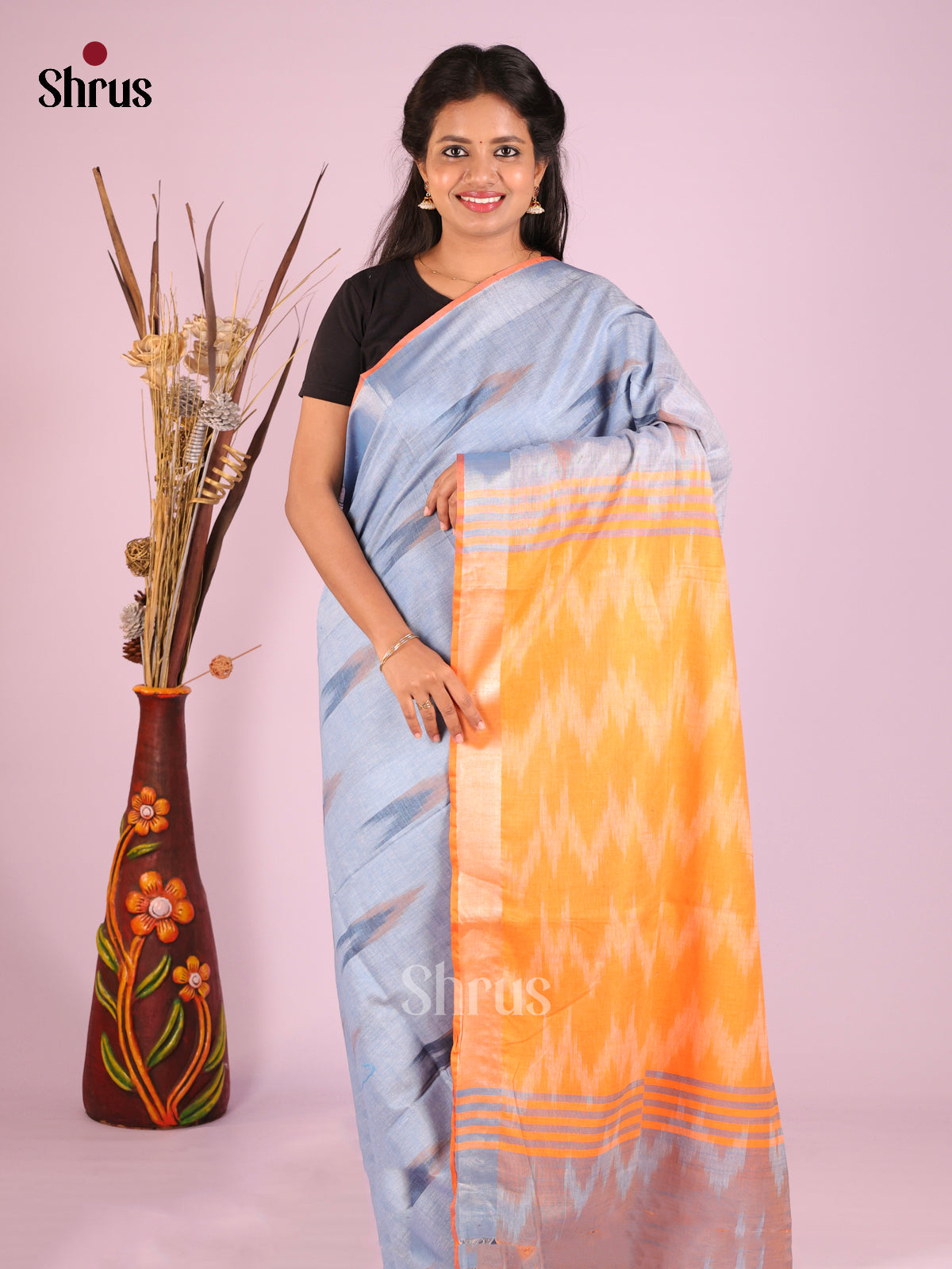 Blue & Orange - Semi Ikkat Saree