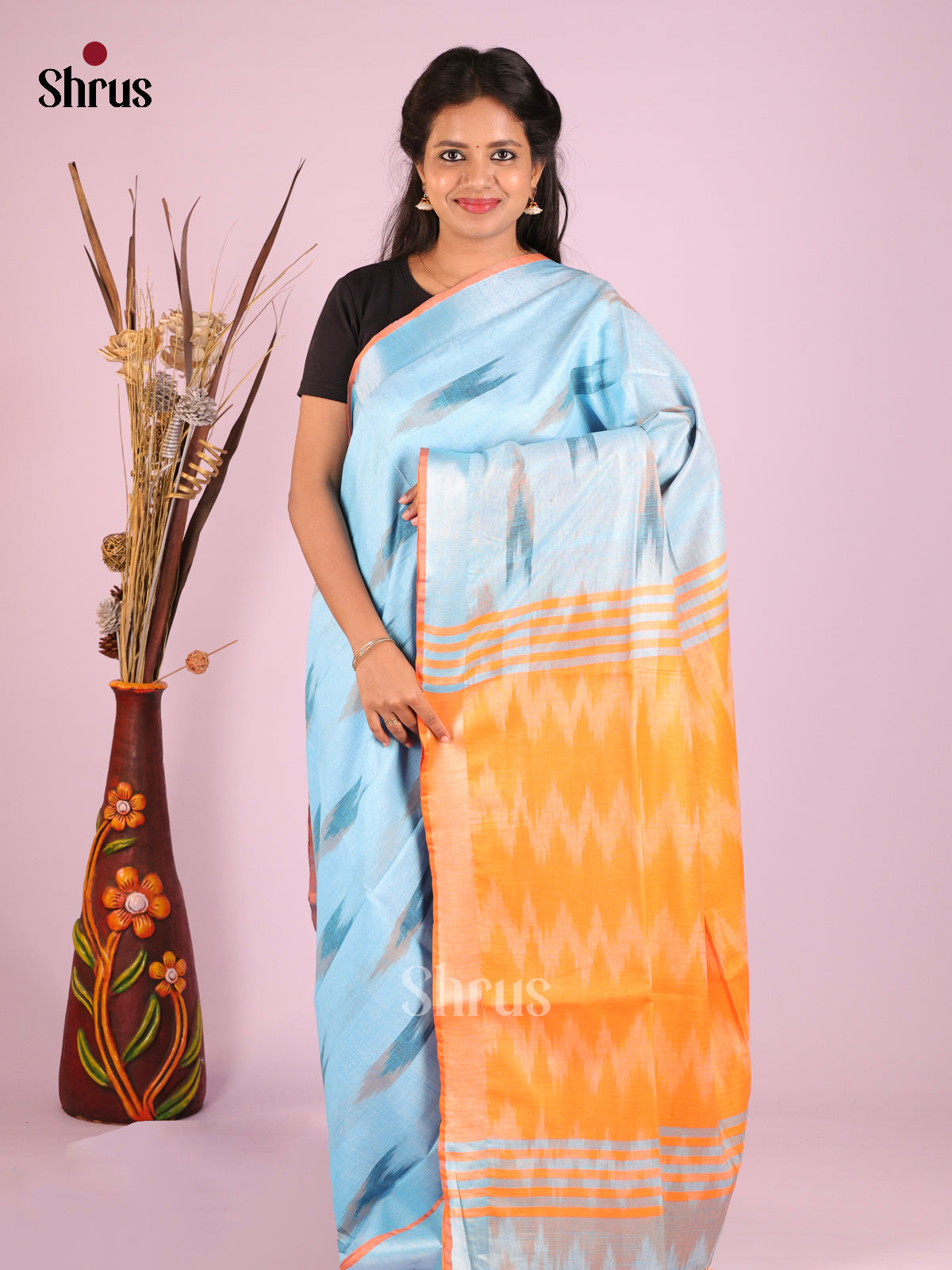 Pastel Blue & Orange - Semi Ikkat Saree