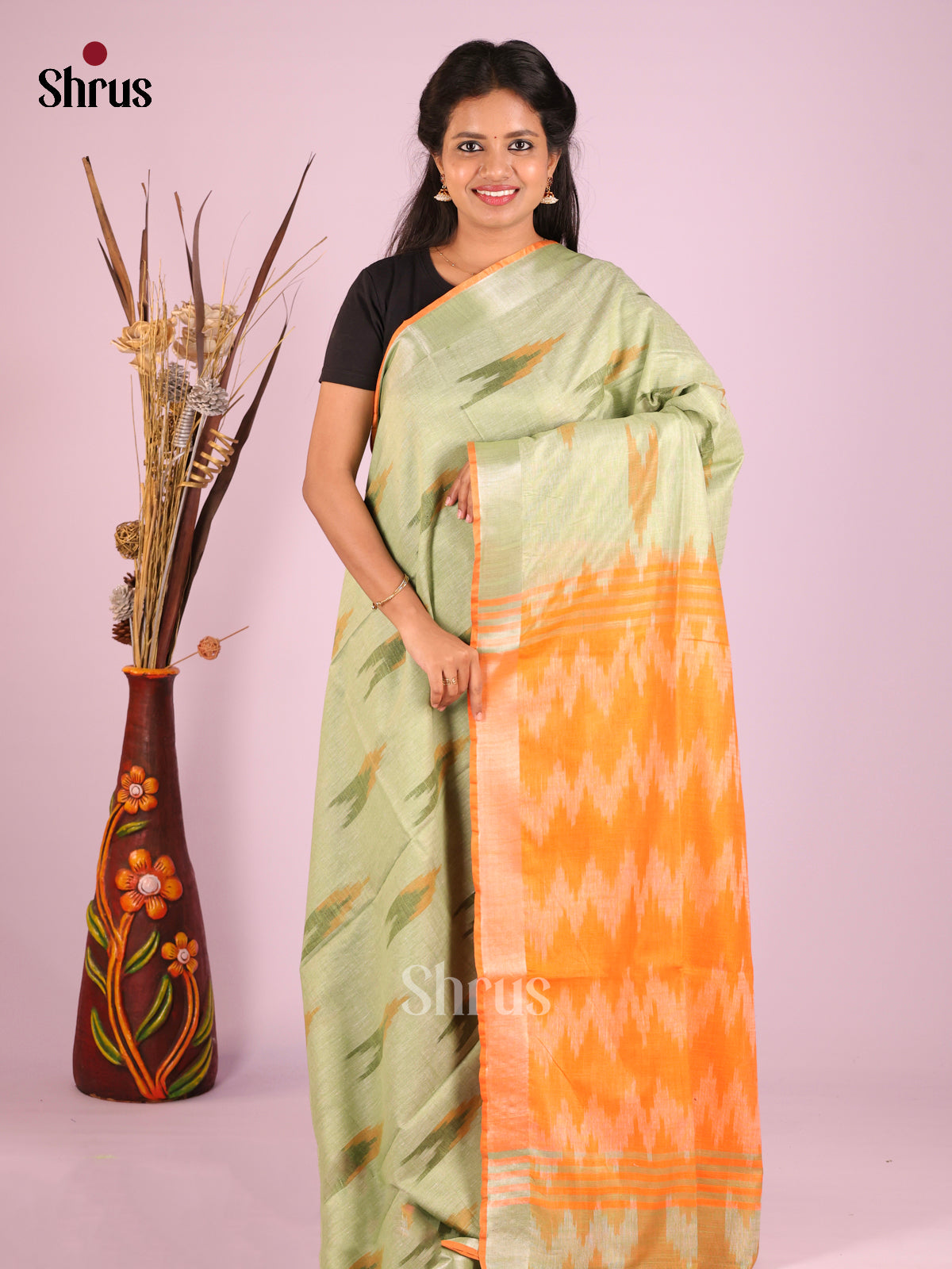 Light Green & Orange- Semi Ikkat Saree