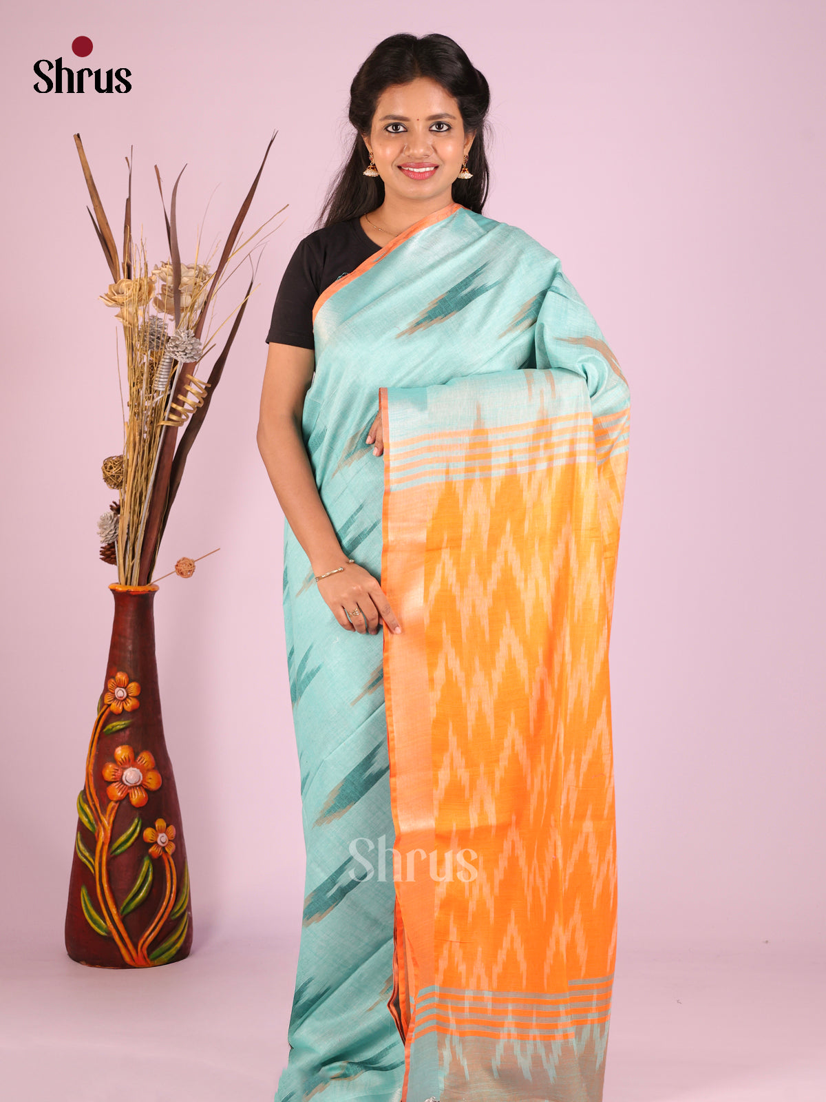 Pastel Blue & Orange- Semi Ikkat Saree