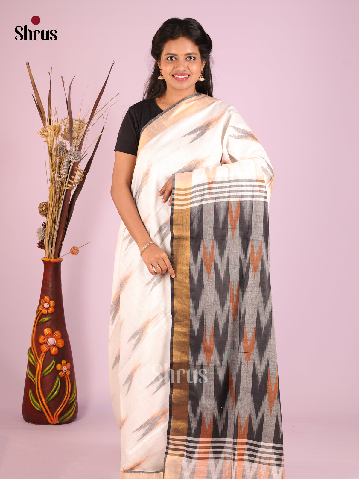 Cream & Grey - Semi Ikkat Saree
