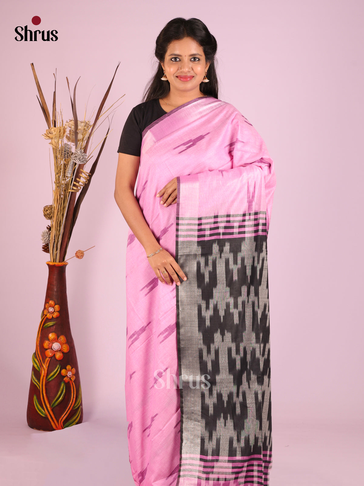 Pink & Grey - Semi Ikkat Saree