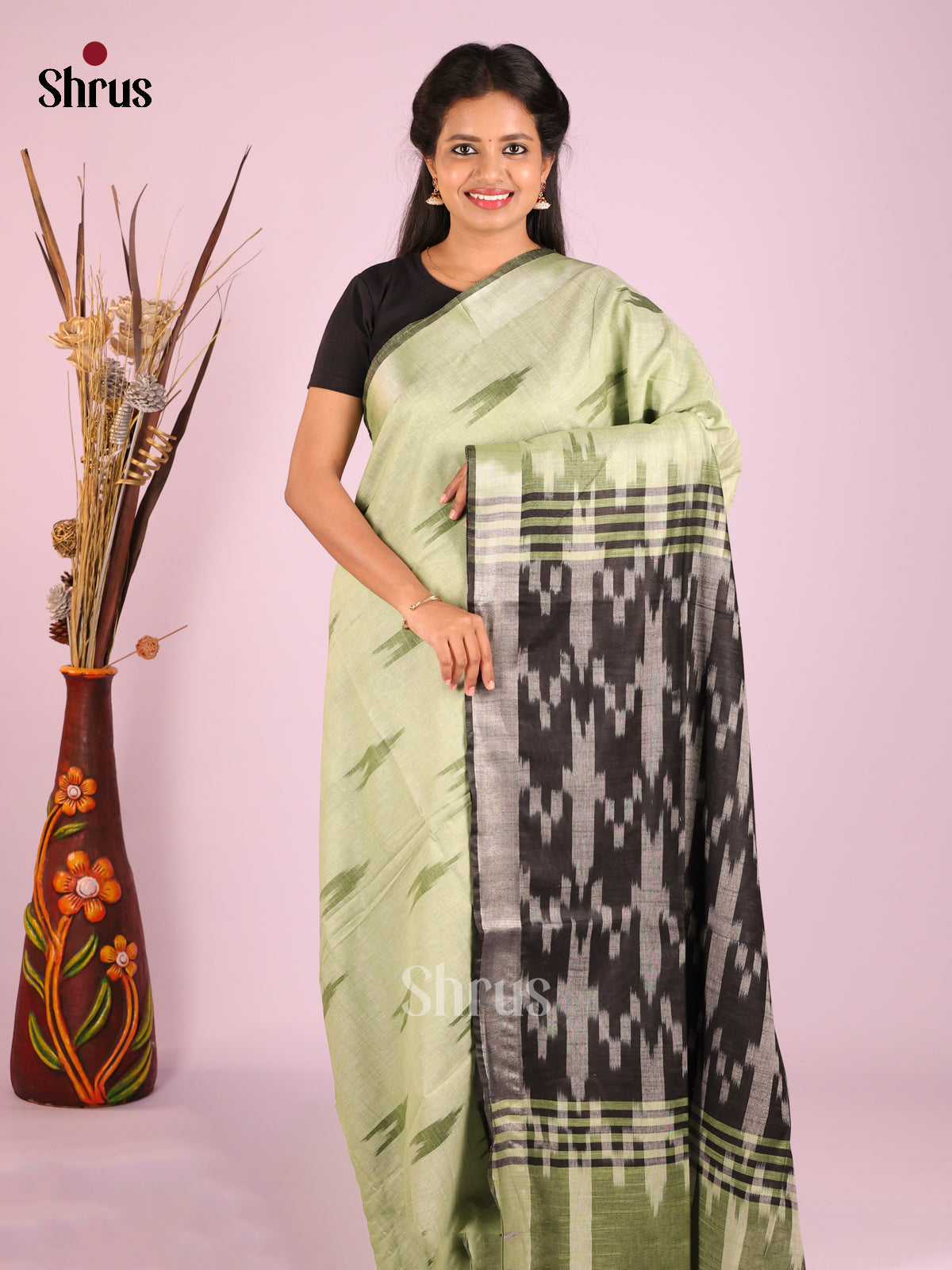 Light Green & Grey - Semi Ikkat Saree