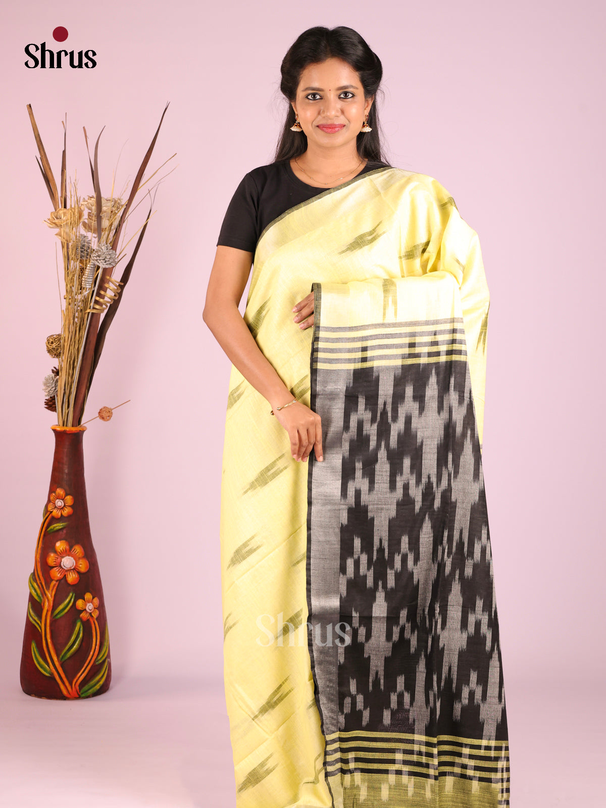 Yellow & Grey - Semi Ikkat Saree