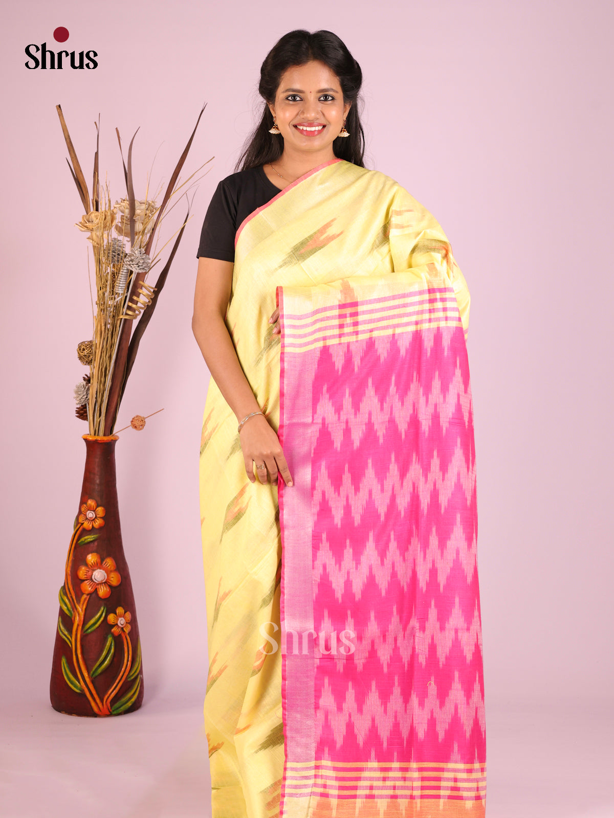 Yellow & Pink - Semi Ikkat Saree
