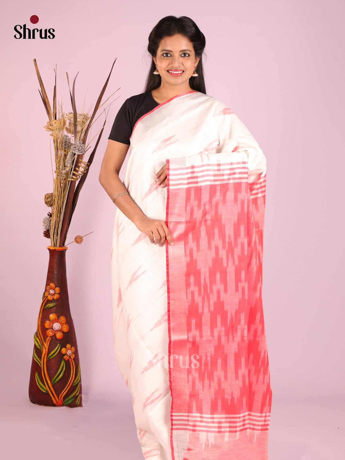 Cream & Pink - Semi Ikkat Saree