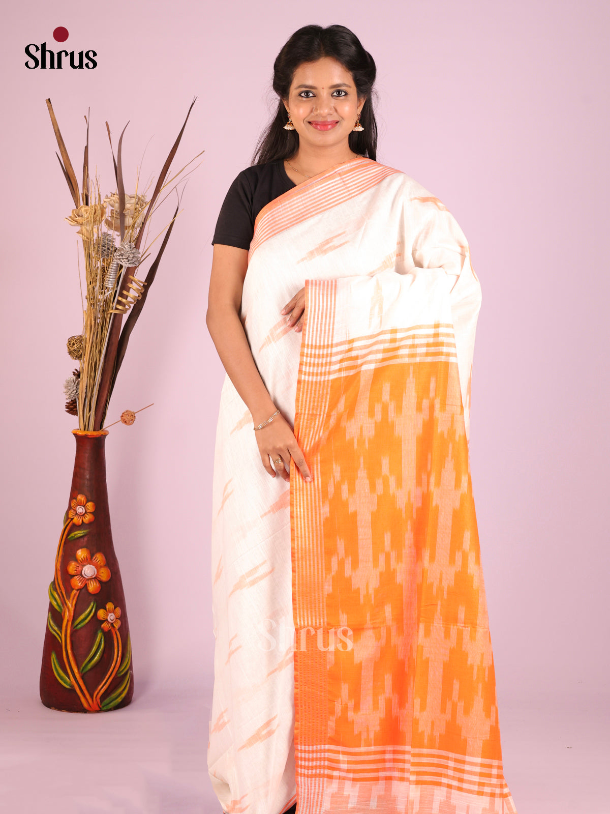 Cream & Orange - Semi Ikkat Saree