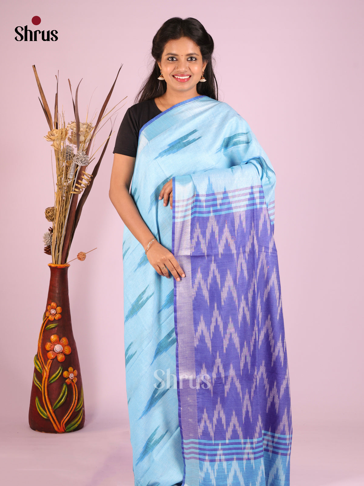 Sky Blue & Grey- Semi Ikkat Saree - Shop on Shrus.com