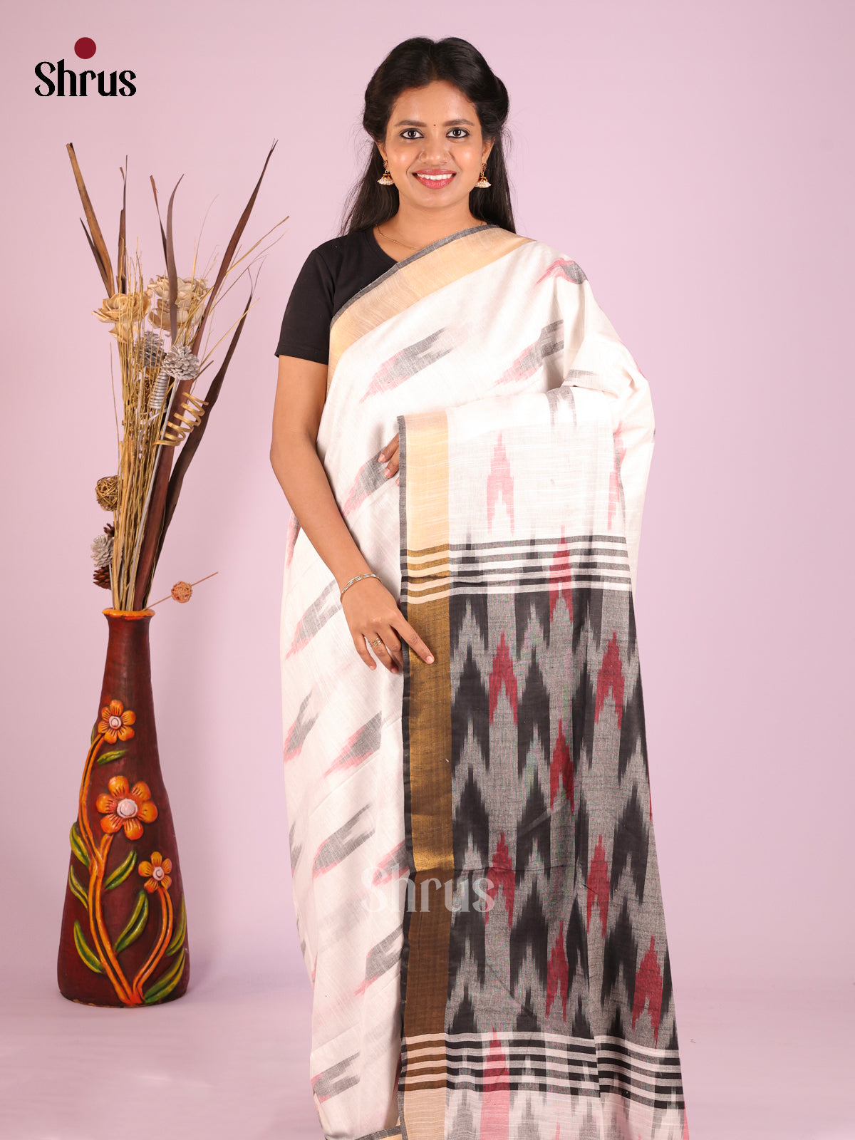 White & Grey- Semi Ikkat Saree - Shop on Shrus.com