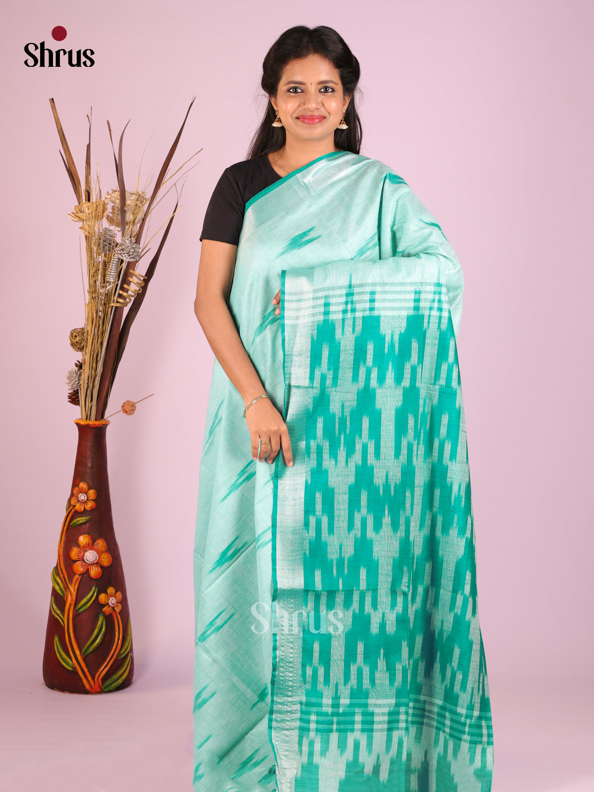 Pastel Green & Green - Semi Ikkat Saree - Shop on Shrus.com
