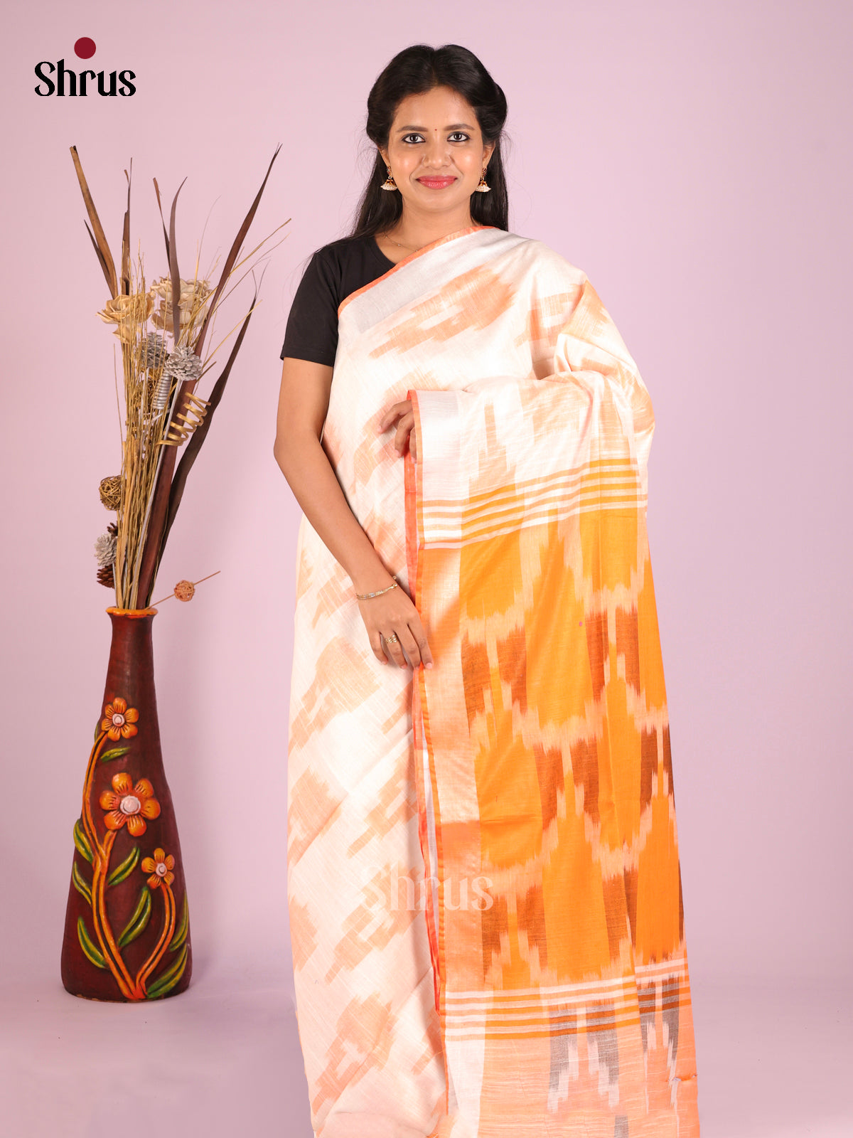 Cream & Orange - Semi Ikkat Saree