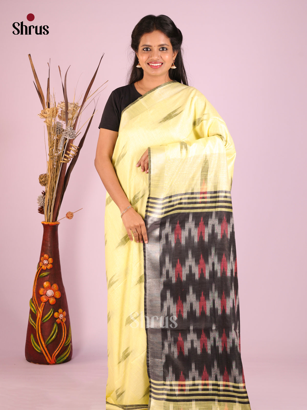 Yellow & Grey - Semi Ikkat Saree - Shop on Shrus.com