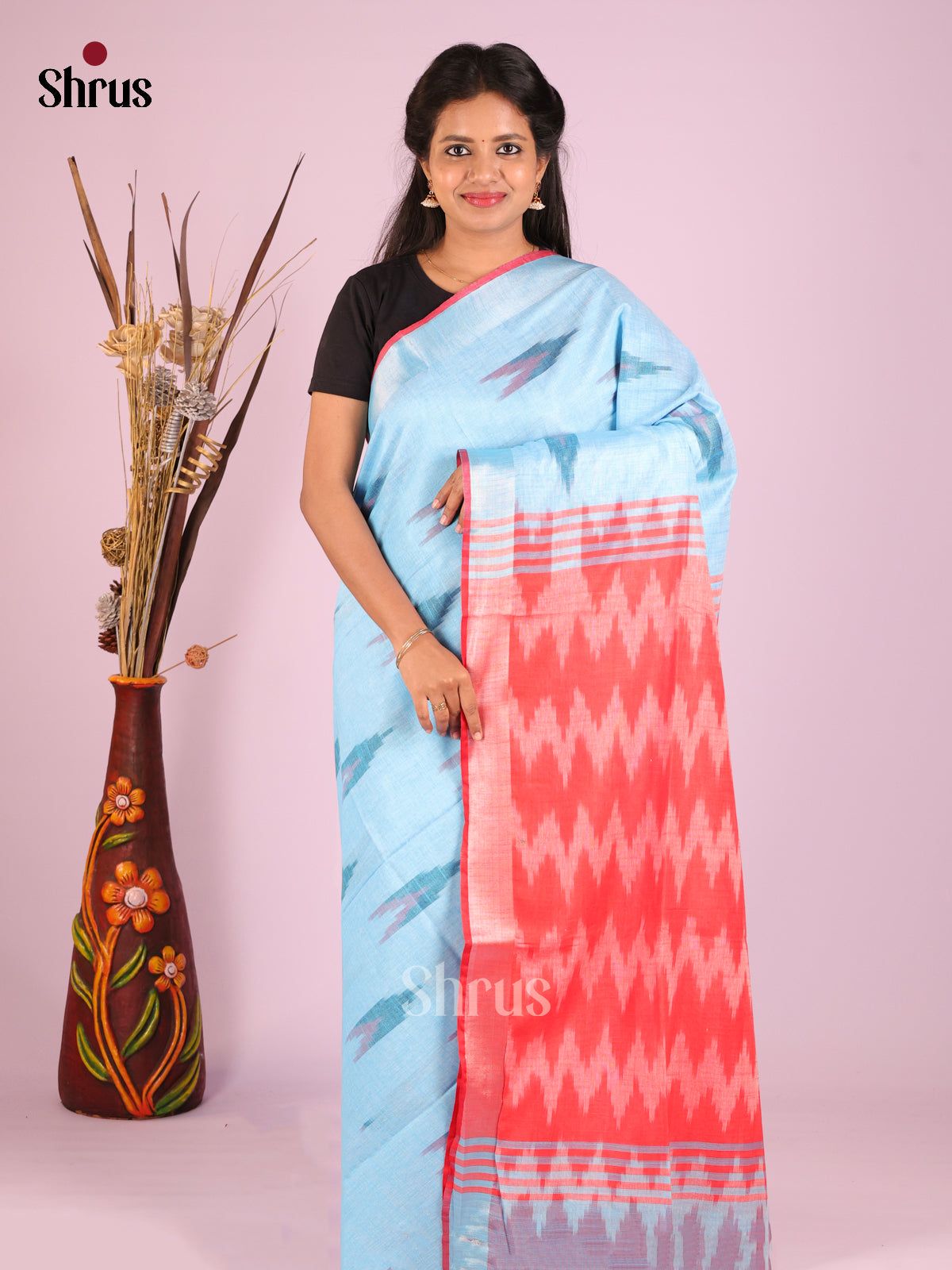 Blue & Red- Semi Ikkat Saree