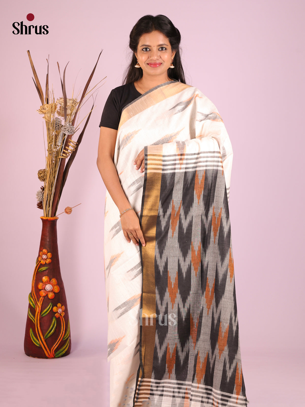 Cream & Grey - Semi Ikkat Saree