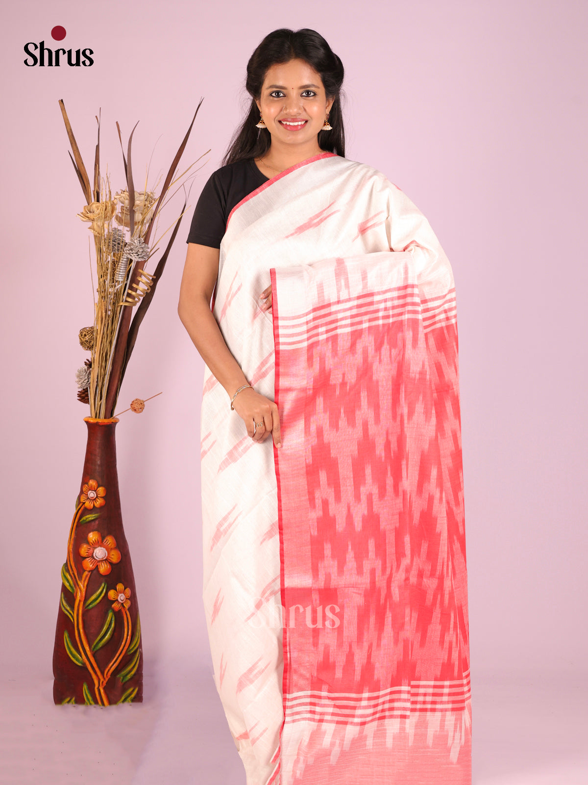 White & Red - Semi Ikkat Saree - Shop on Shrus.com
