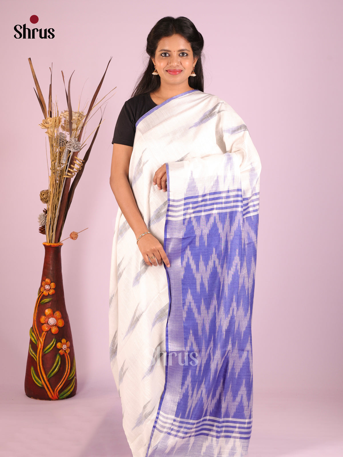 White & Purple - Semi Ikkat Saree - Shop on Shrus.com