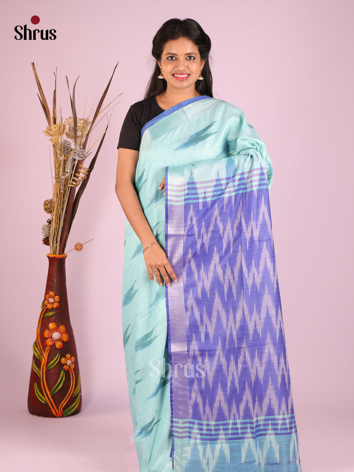 Pastel Blue & Purple- Semi Ikkat Saree - Shop on Shrus.com