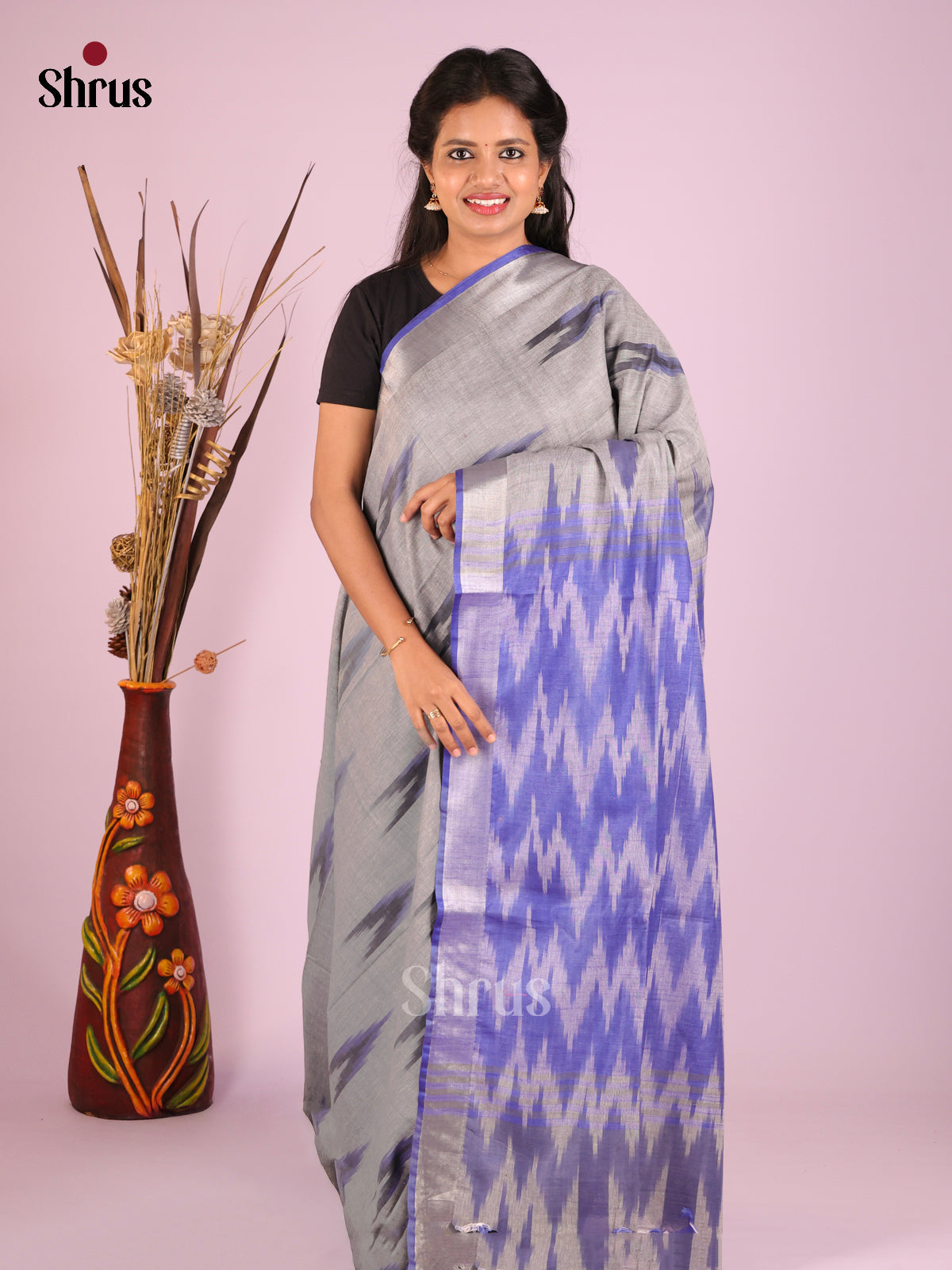 Grey & Purple - Semi Ikkat Saree - Shop on Shrus.com